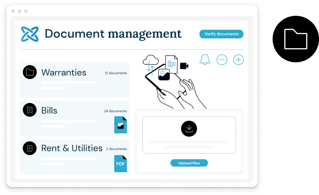 Edwix Document management screen with warranties, bill and rent & utilities